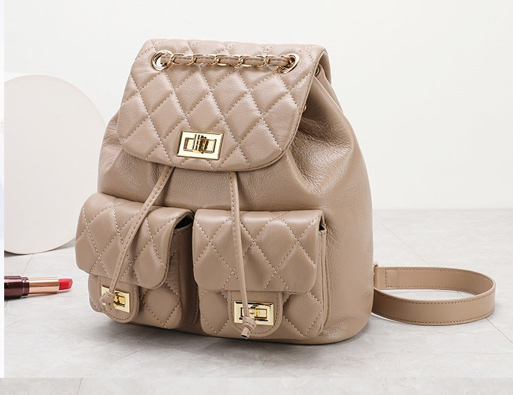 First Layer Cowhide Rhombus Chain Backpack Advanced Texture All-matching