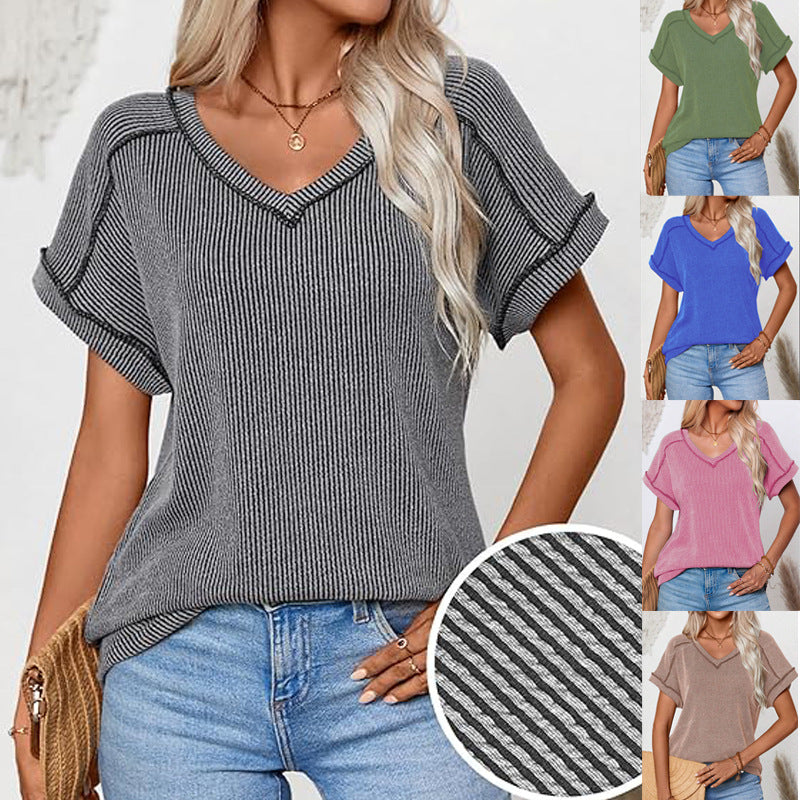 Fashionable Two-tone Twisty Stretch Short-sleeve V-neck Top Women's T-shirt