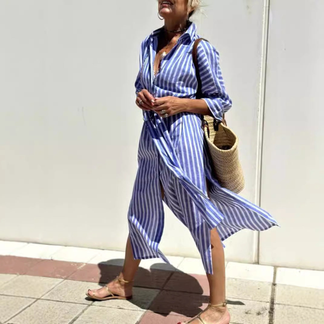 Striped Shirt Dress With Belt Fashion Half-sleeved Lapel Button Cardigan Dresses Women's Clothing