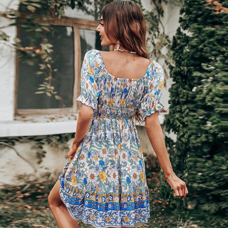 Square Neck Backless Short Sleeve High Waist Print Dress