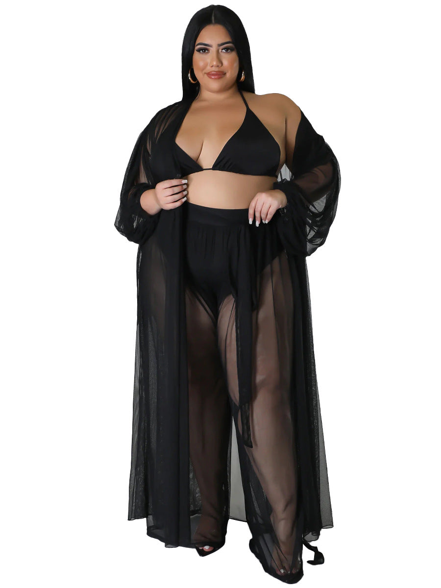 Women's Solid-Color Batwing-Sleeve Sexy Sheer Top And Pants Plus-Size Two-Piece Set