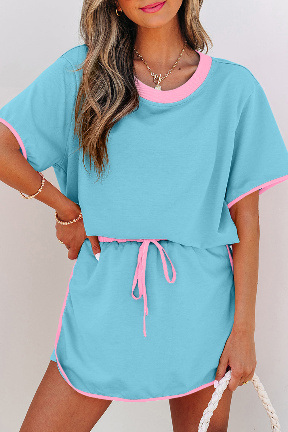 Turquoise Colorblock Edge Drop Shoulder T Shirt and Skort 2Pcs Set