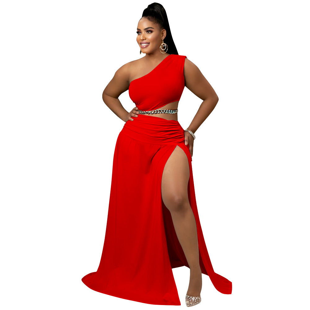 Solid-color Off-the-shoulder Sexy Bodycon Two-piece Set