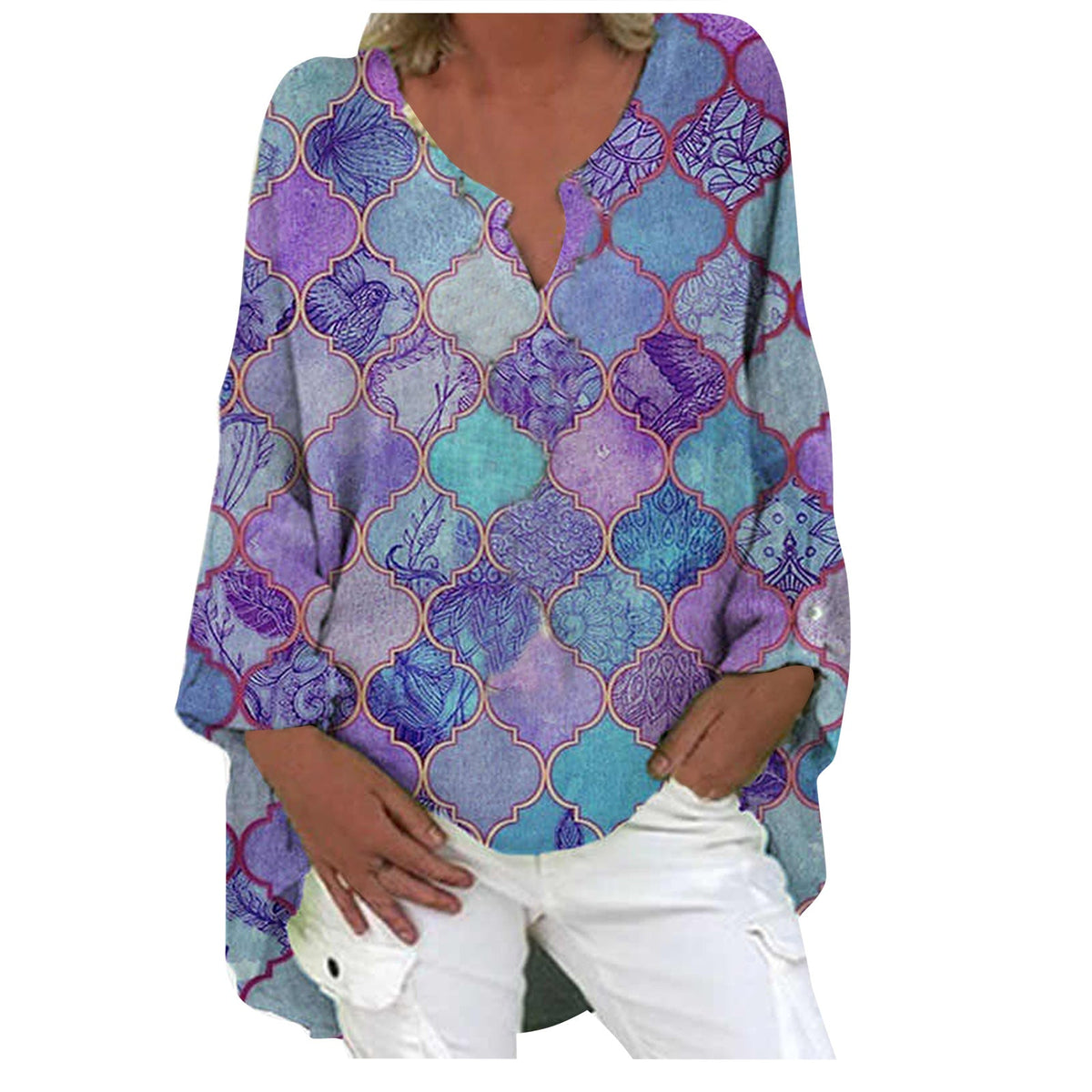Printed Patchwork V-neck Long Sleeve Plus Size Dress