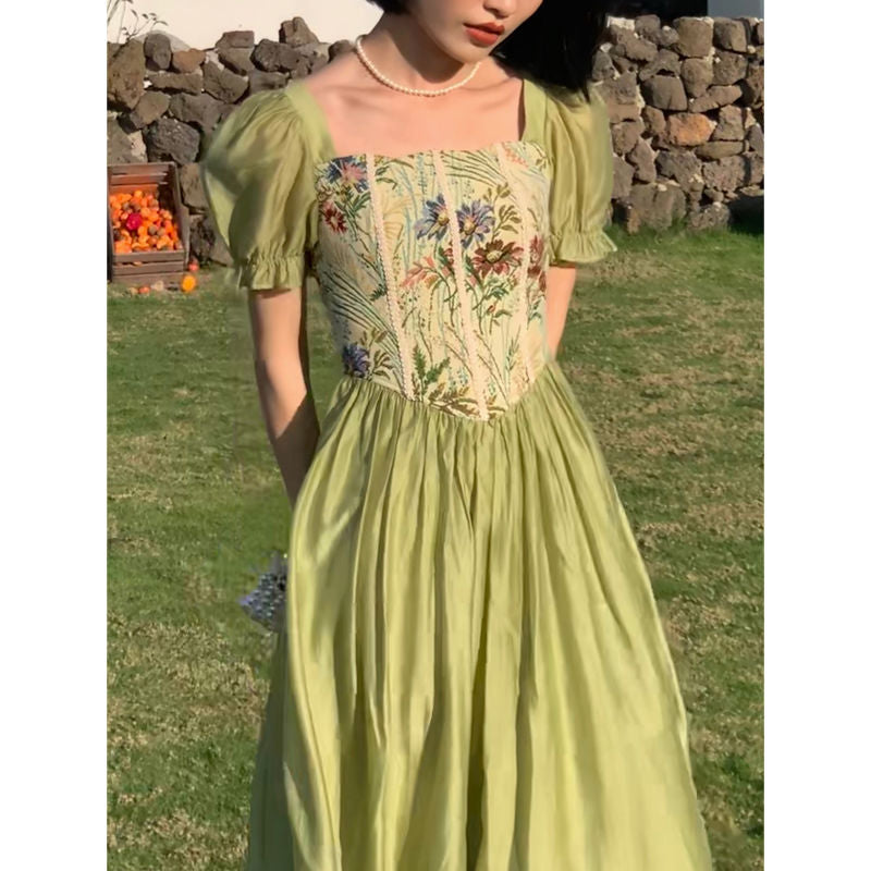 Square Neck Vintage Oil Painting Sense Patchwork Dress
