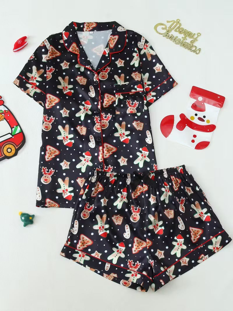 Cute Cartoon Pajama Set With A Turn-down Collar Short Sleeves