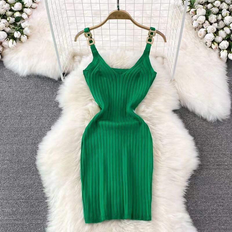 Metal Decorative Sling Woolen Skirt Slimming Hip Knitwear Dress