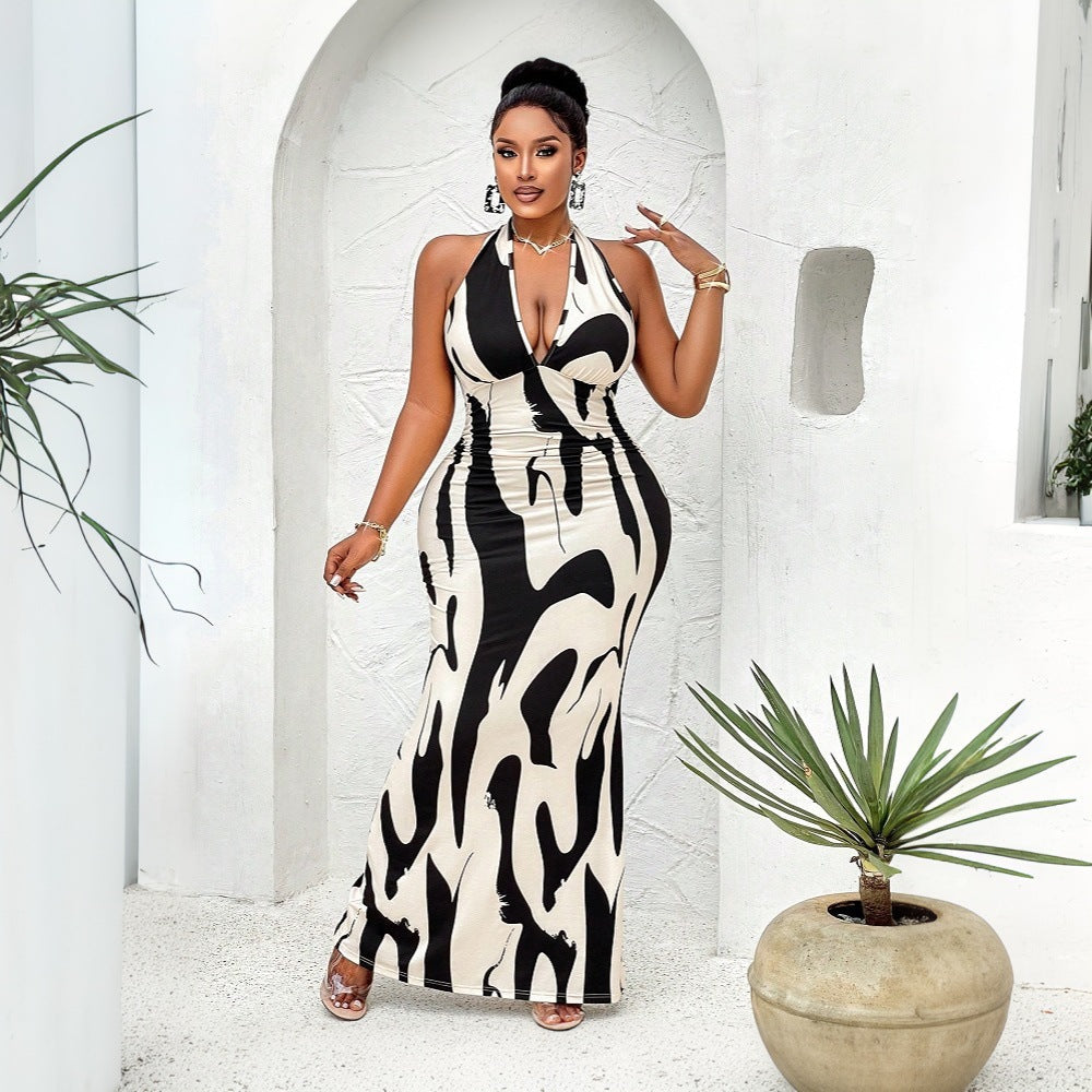 Halter Cows Pattern Dress V-neck Backless