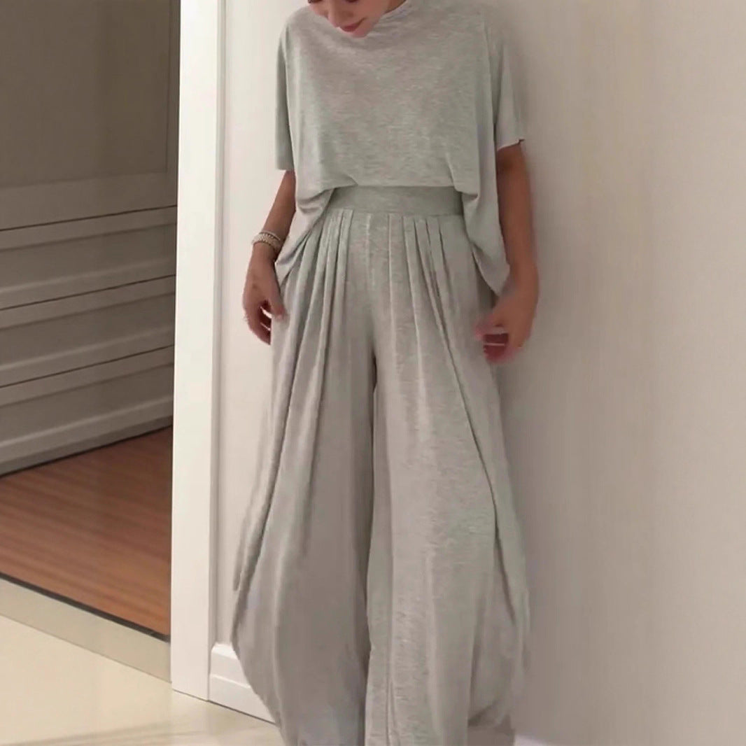 Solid Color Casual Loose Round Neck Wide Leg Pants Women's Suit