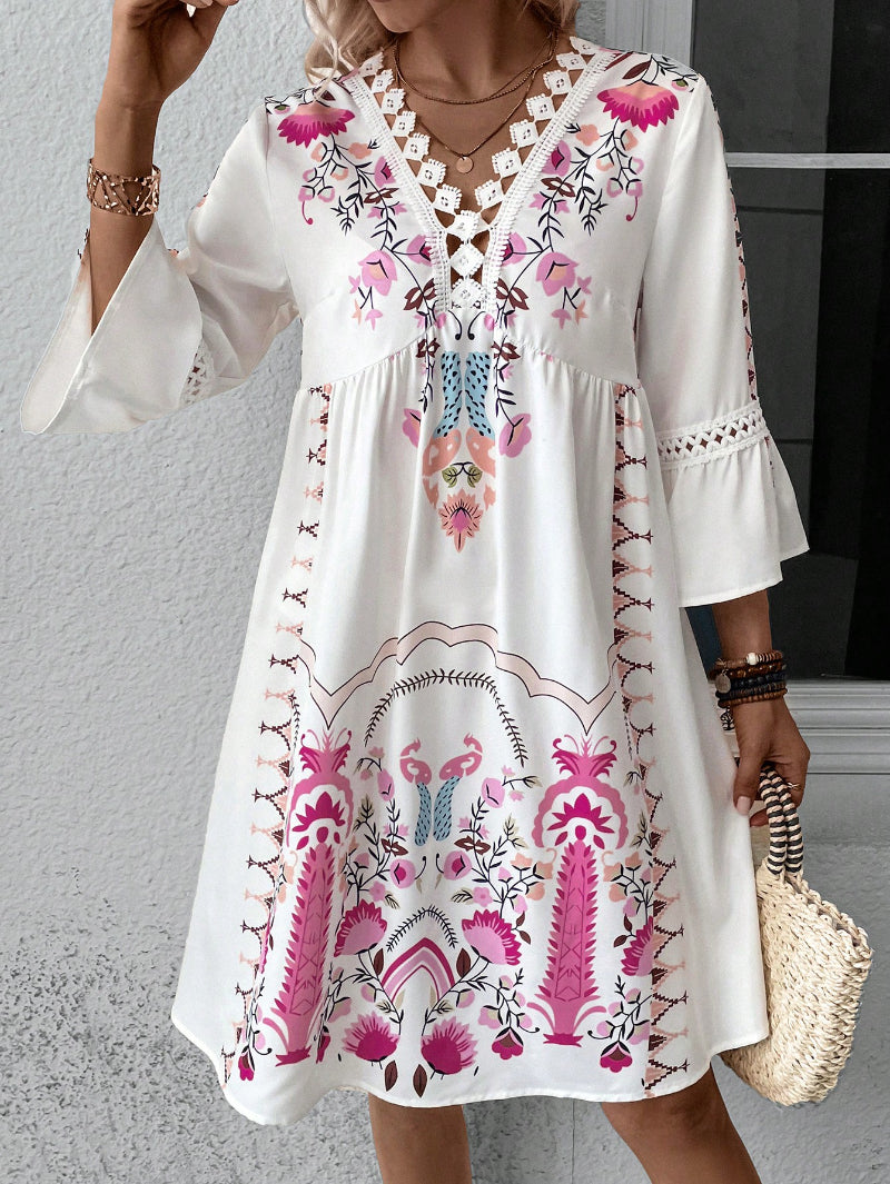 V-neck Lace Patchwork Casual Versatile Printed Dress
