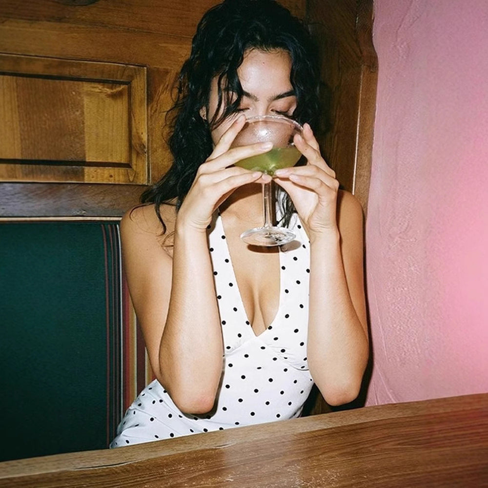 Retro V-neck Halter Slimming Dot Sexy Backless Dress