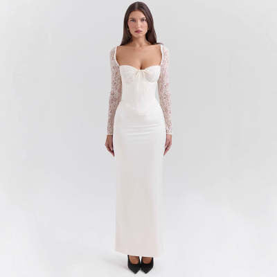 Women's White Long Sleeve Lace Long Patchwork Dress