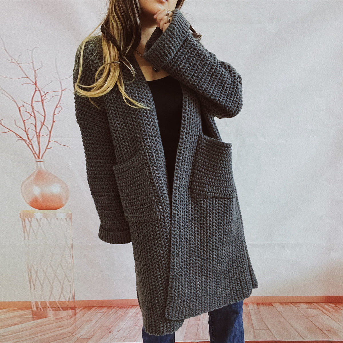 Loose-fitting Solid-color Thickened Knit Cardigan Sweater Jacket
