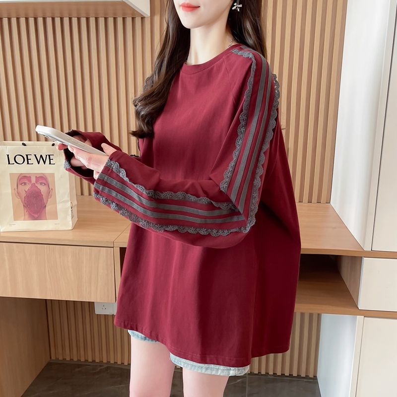 Solid Color Stitching Lace Lacework Round-neck T-shirt Women's Brushed Top