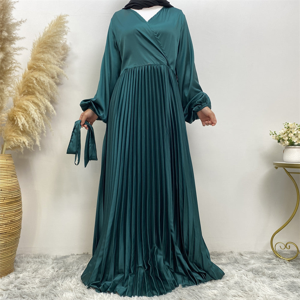 Fashionable V-neck Patchwork Pleated Large Hem Dress