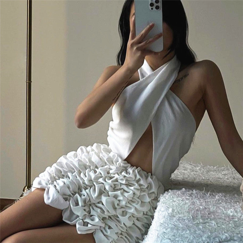 Fashion Cross Neck Backless Pleated Flower Dress