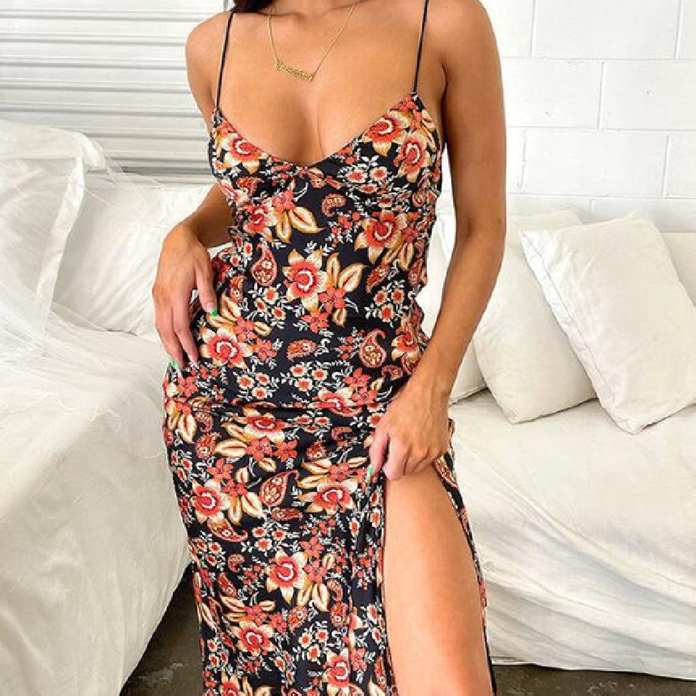 Sexy Print V-neck Backless Suspender Dress For Women