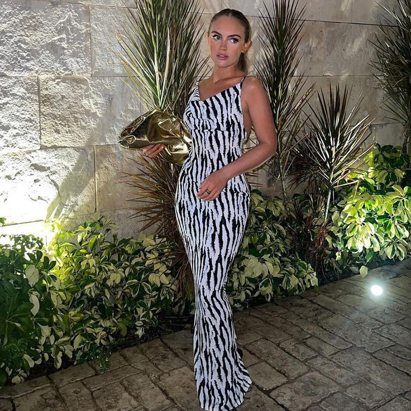 Fashion Print Sexy V-neck Backless Suspender Dress