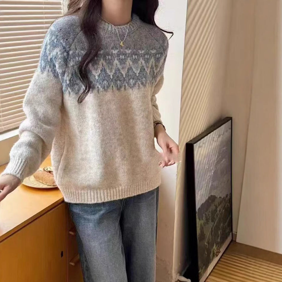 Women's Round Neck Loose Jacquard Sweater Retro Lazy