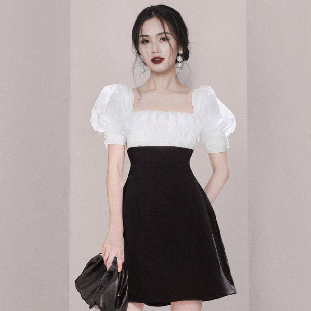 Square Neck Patchwork Dress With Bubble Sleeves