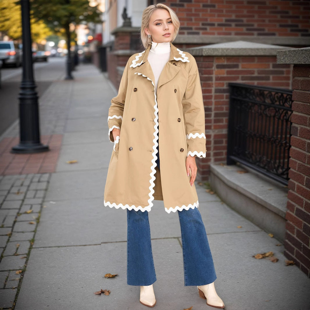 Elegant Chic White Wavy Neckline Double Breasted Coat