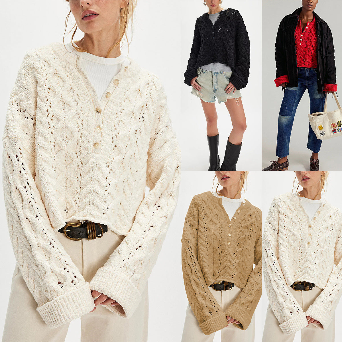 Cable Loose-fitting Solid Color Pullover Sweater