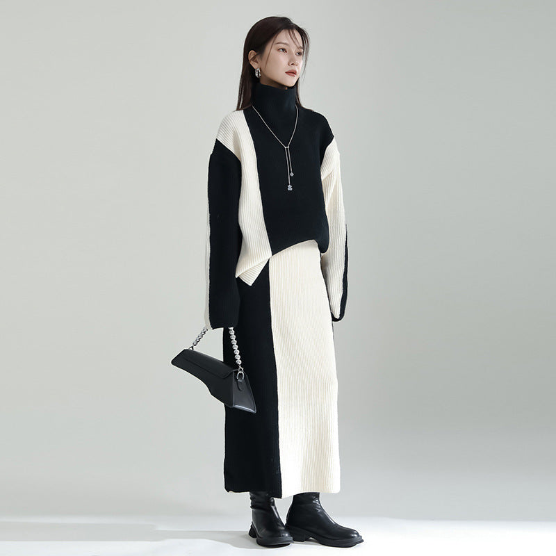 Black And White Color Contrast Patchwork Sweater Skirt Suit