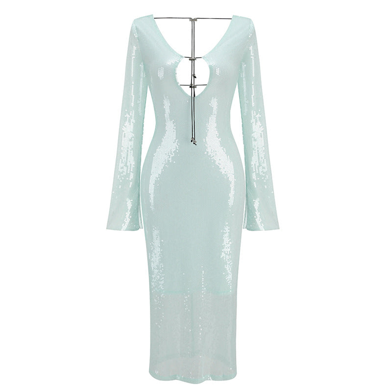 Sequined V-neck Backless Dress Slim Fit