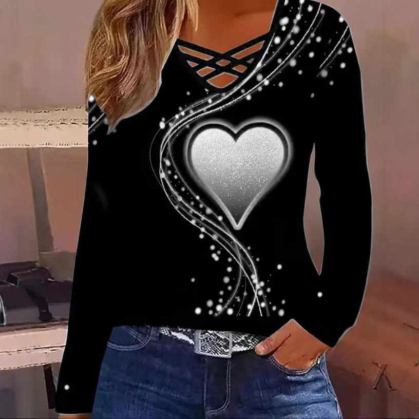 Women's Casual Long Sleeve Top With A Heart Patterned V Neck