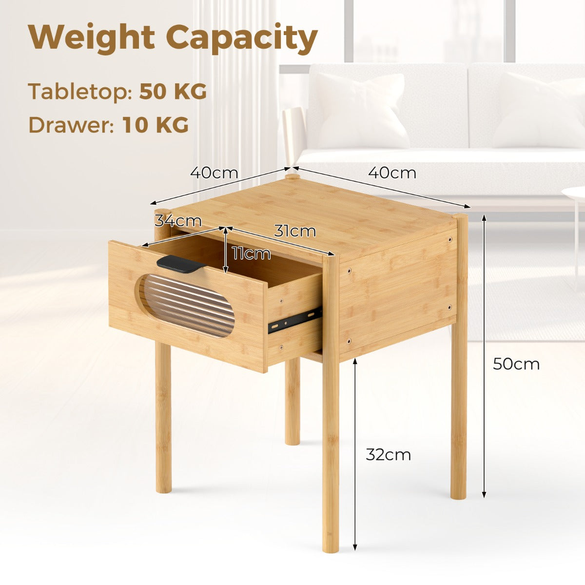 Farmhouse Bedside Table with Tempered Glass Decorated Drawer-Natural