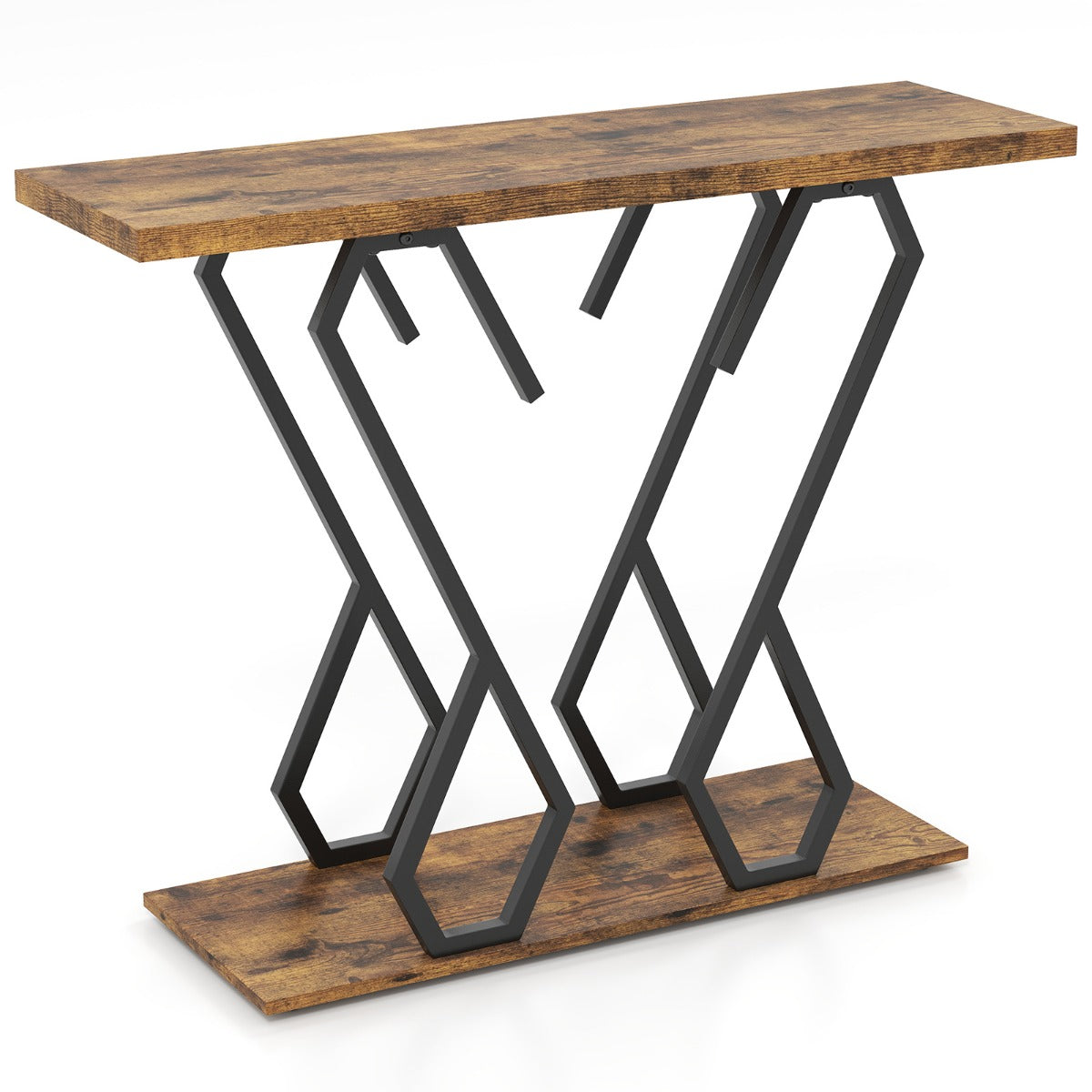 Faux Marble Console Table with Adjustable Foot Pads-Rustic Brown