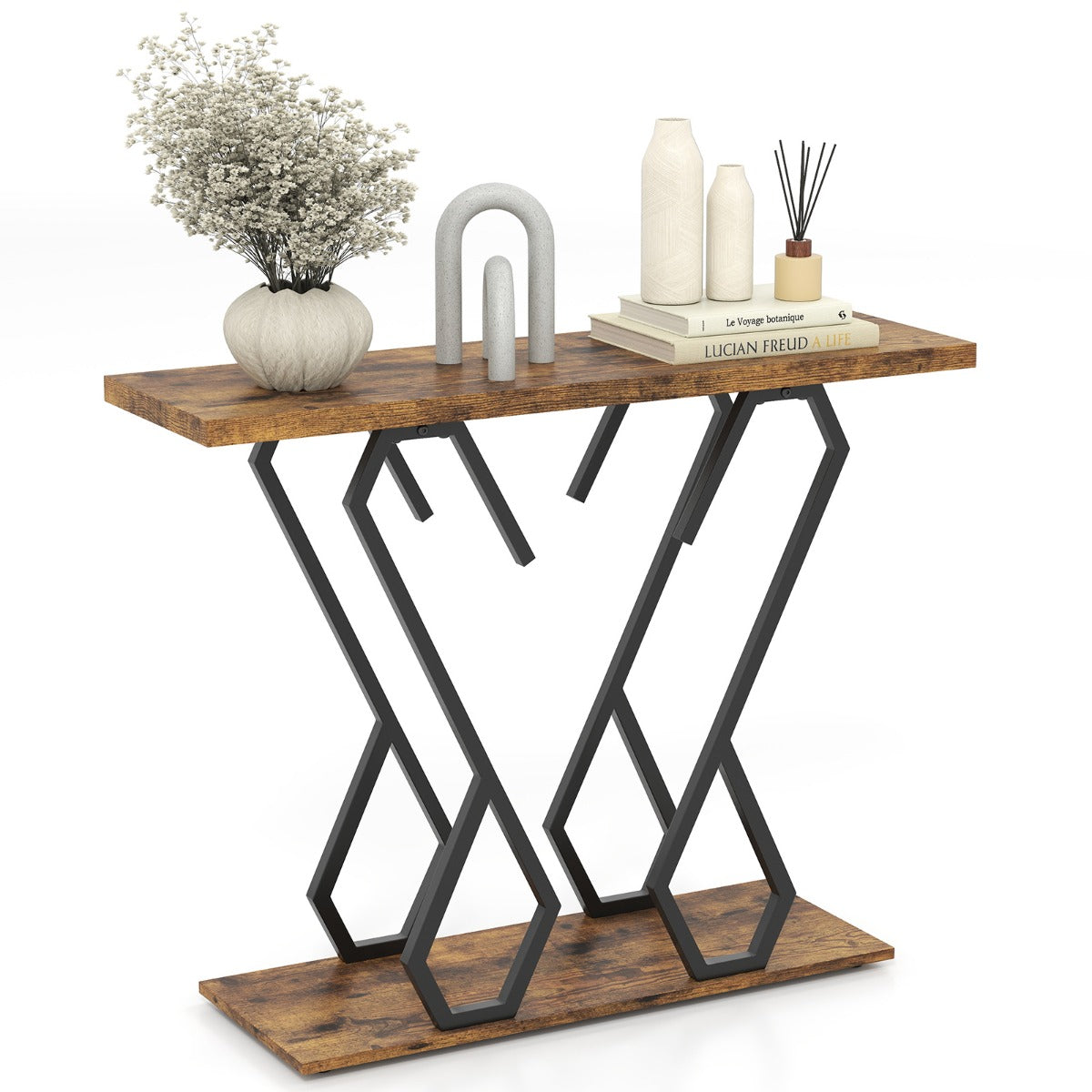 Faux Marble Console Table with Adjustable Foot Pads-Rustic Brown
