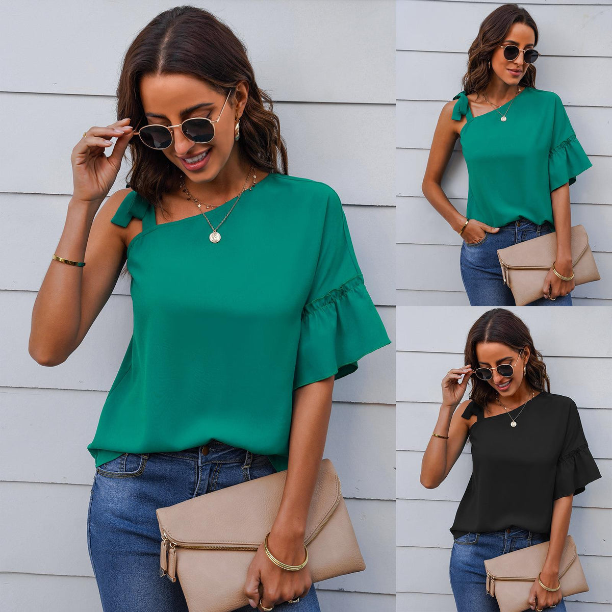 T-Shirt Women's Slash Neck Ruffle Sleeves Chiffon