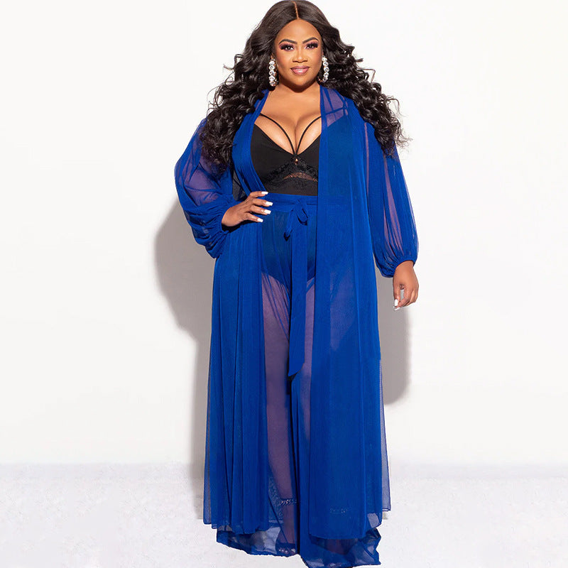 Women's Solid-Color Batwing-Sleeve Sexy Sheer Top And Pants Plus-Size Two-Piece Set