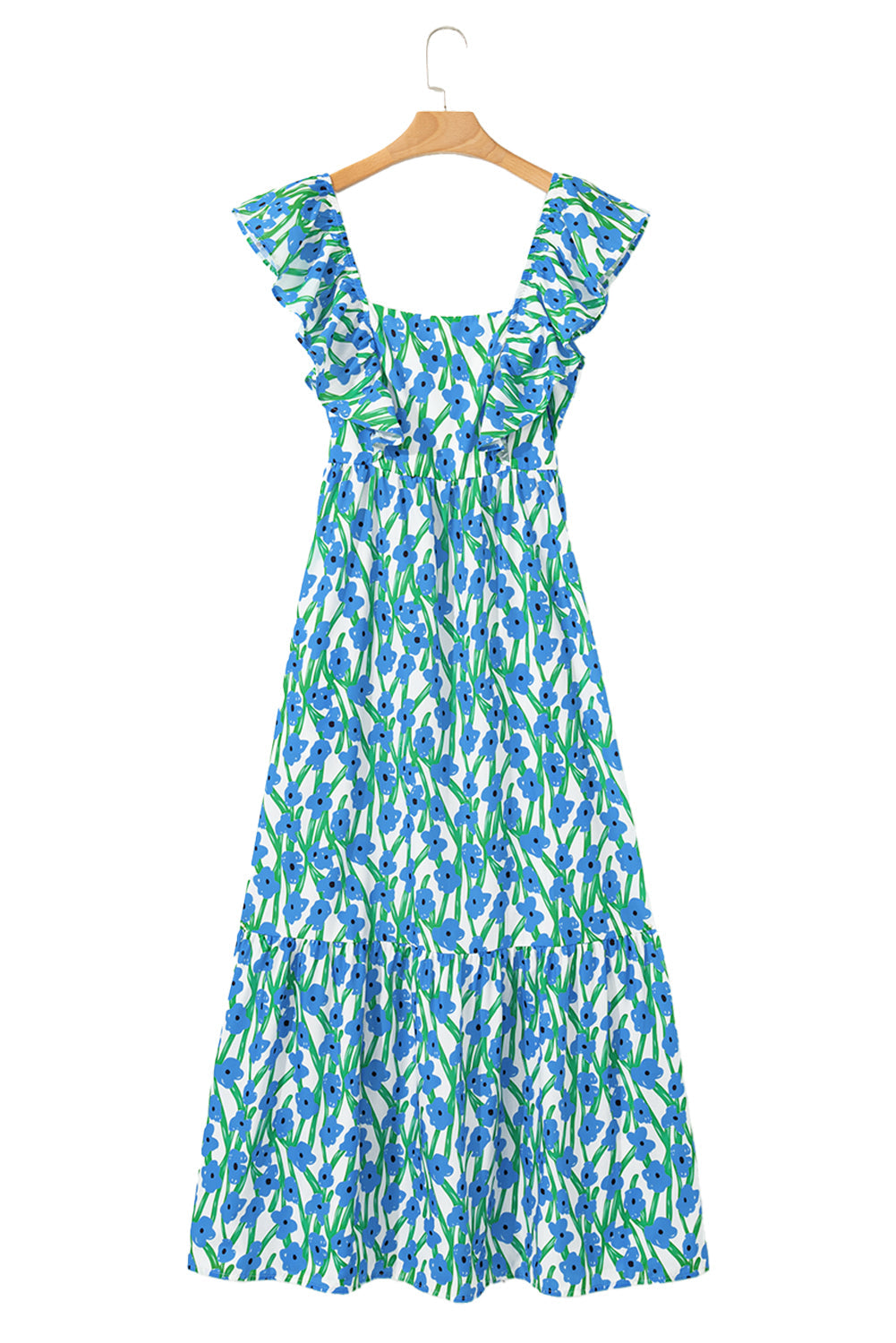 Pink Floral Print Square Neck Ruffled Strap Maxi Dress