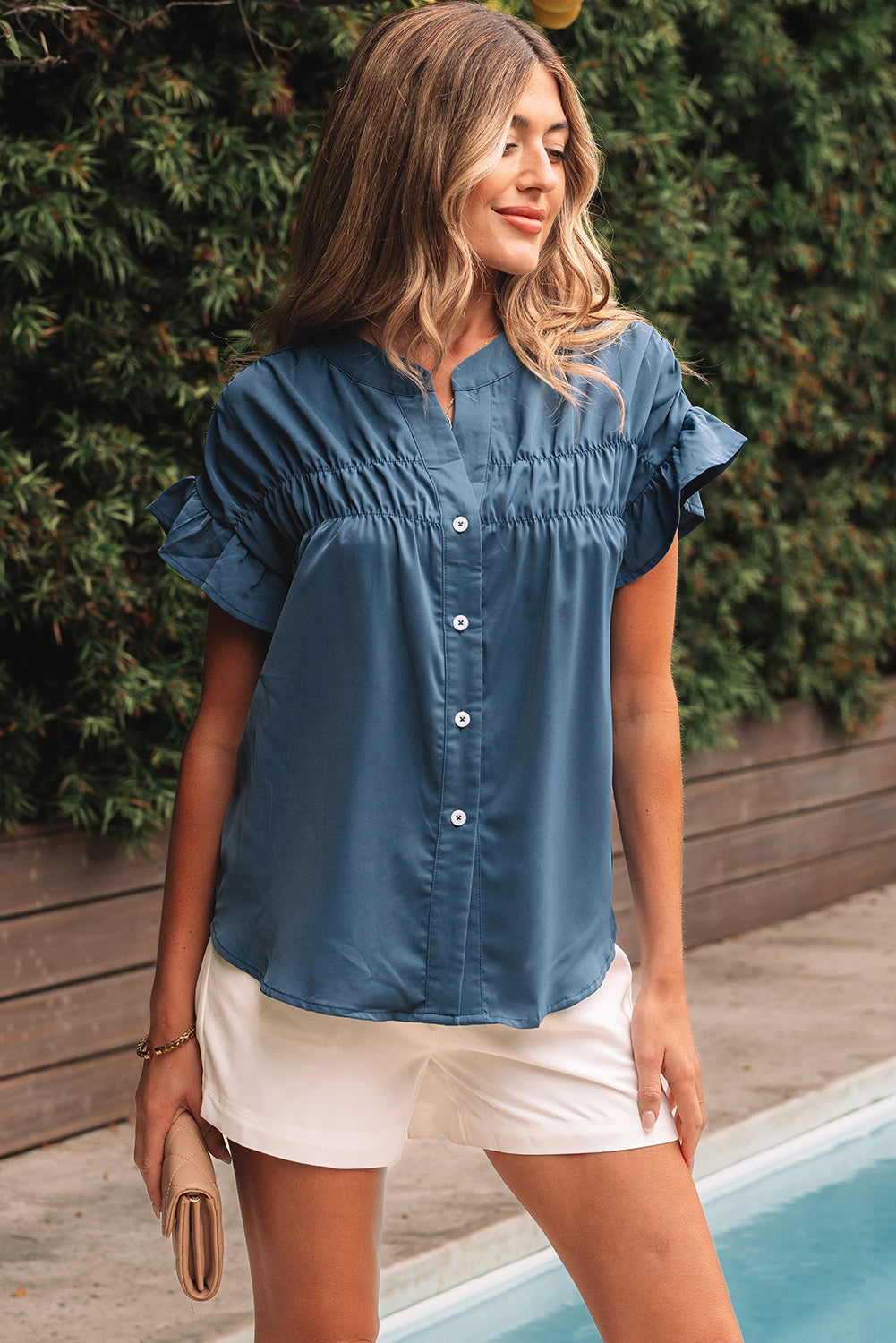 Real Teal Solid Color Ruffle Ruched Short Sleeve Buttoned Shirt