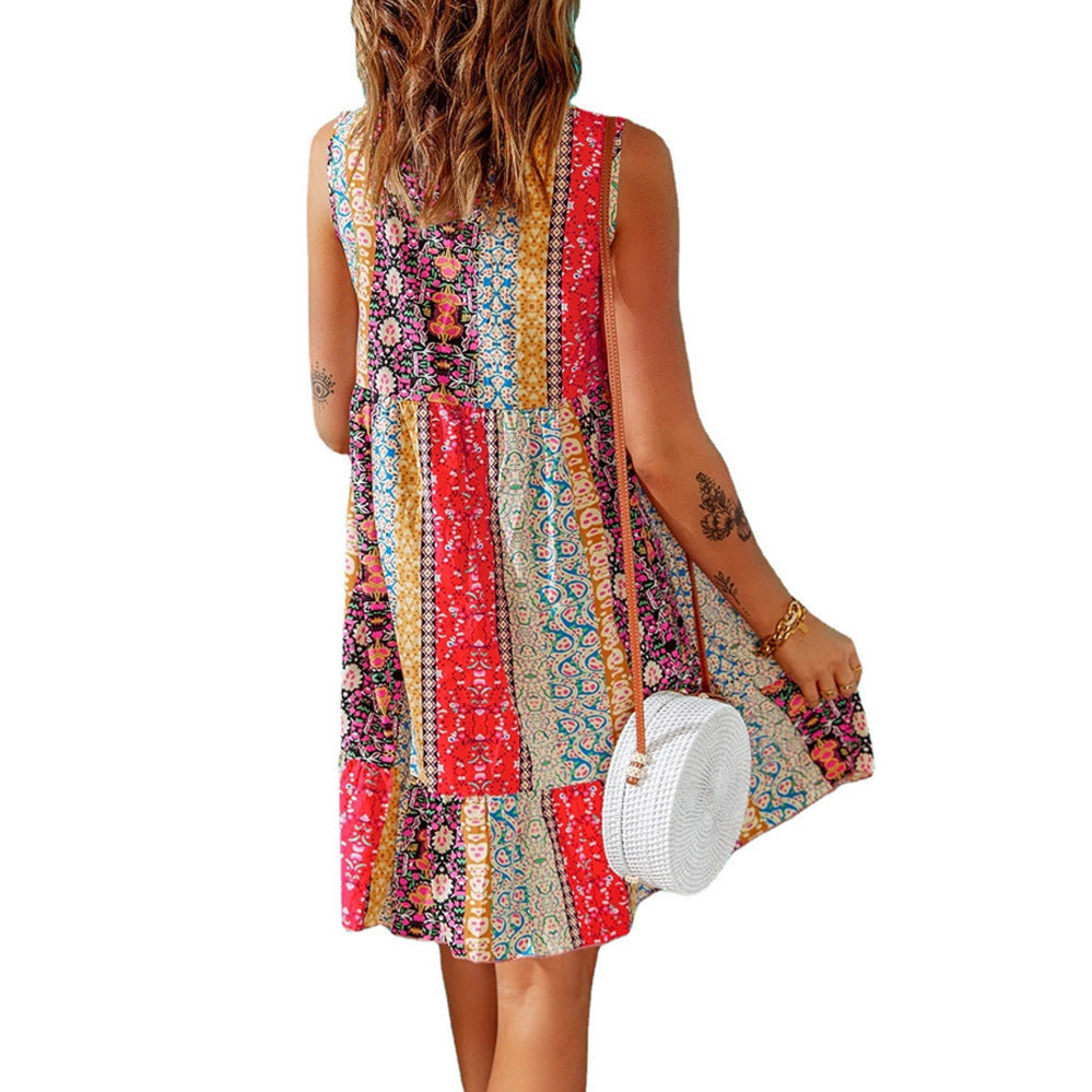 Floral Patchwork Ruffled V-neck Sleeveless Mini Dress