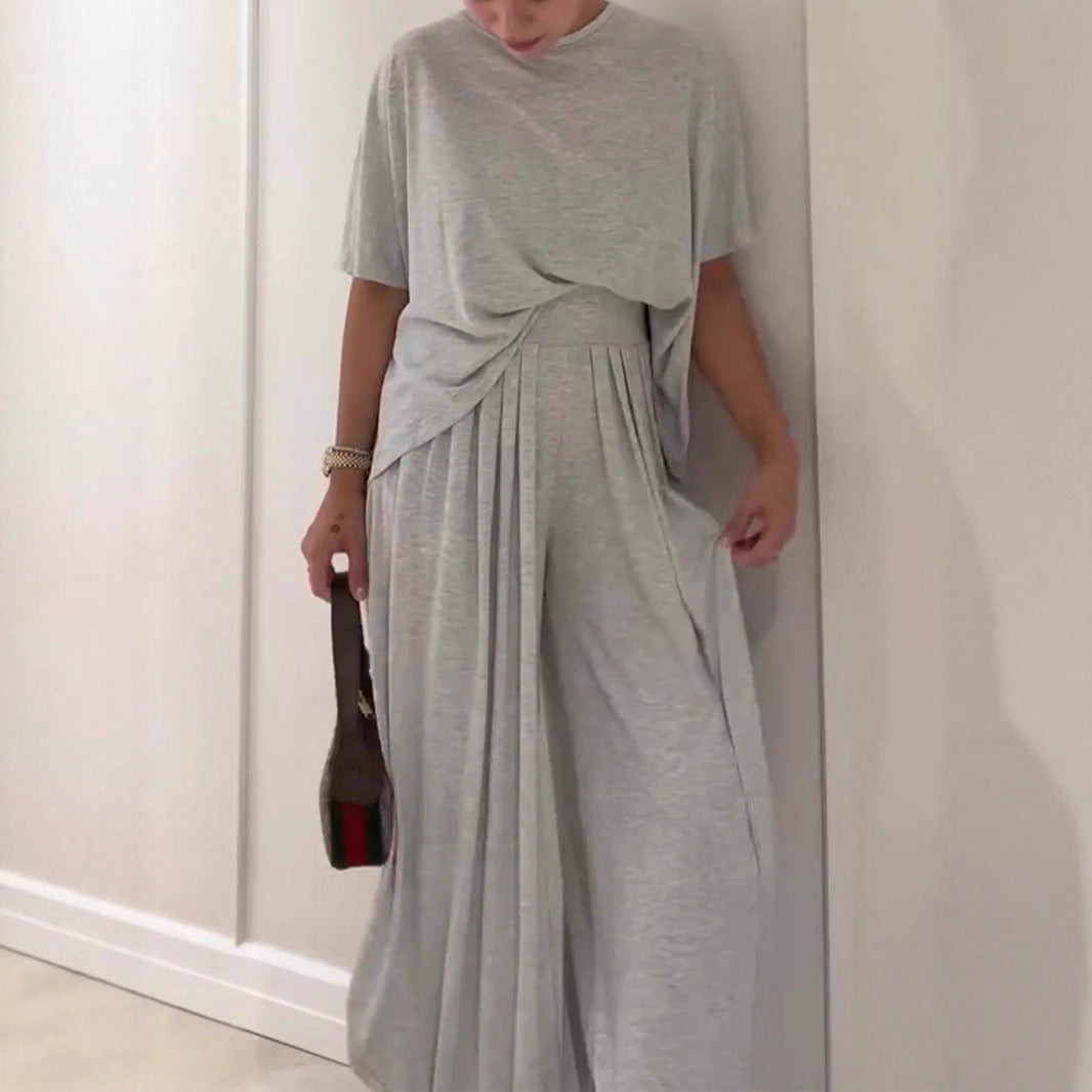 Solid Color Casual Loose Round Neck Wide Leg Pants Women's Suit