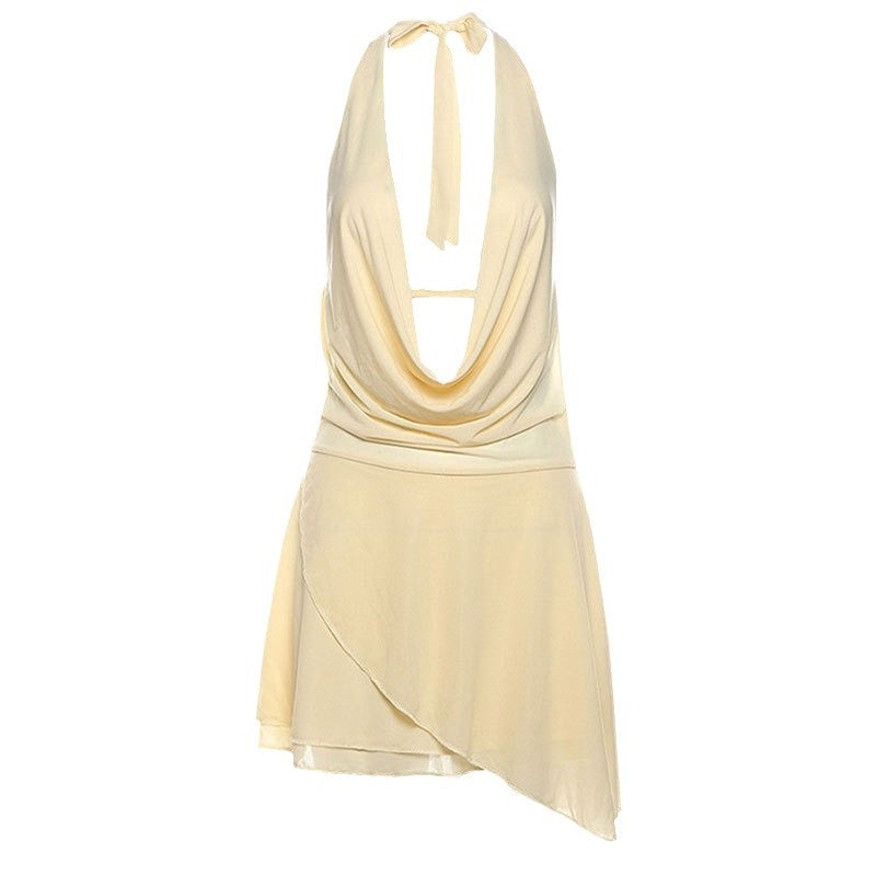 New Pure Color Halter Deep V-neck Backless Sexy Irregular Dress Women