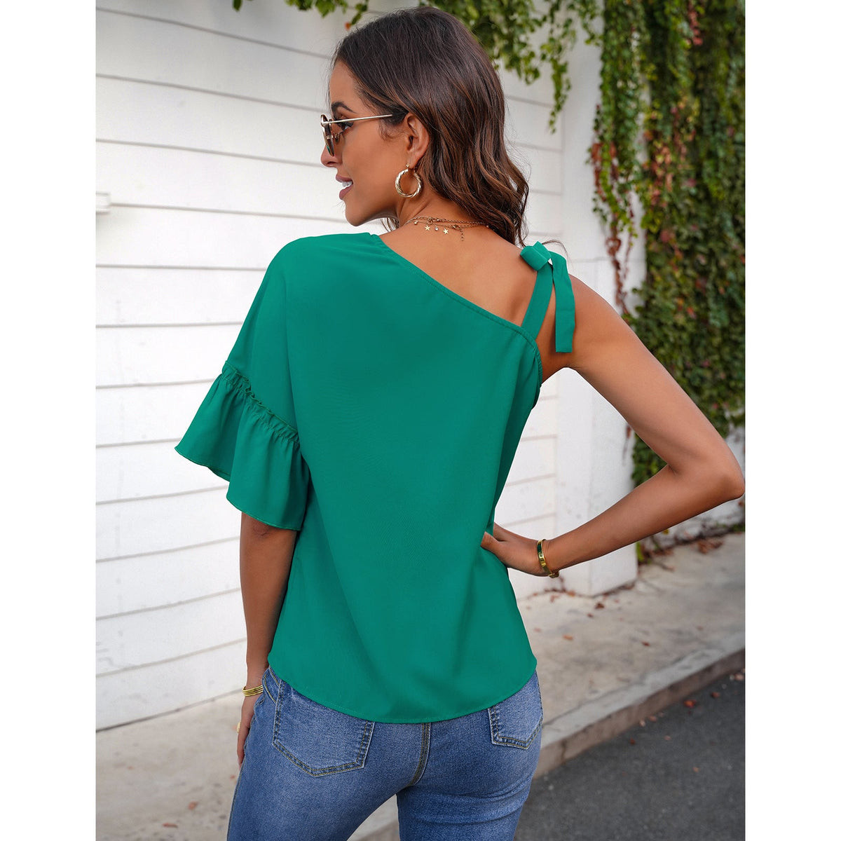 T-Shirt Women's Slash Neck Ruffle Sleeves Chiffon
