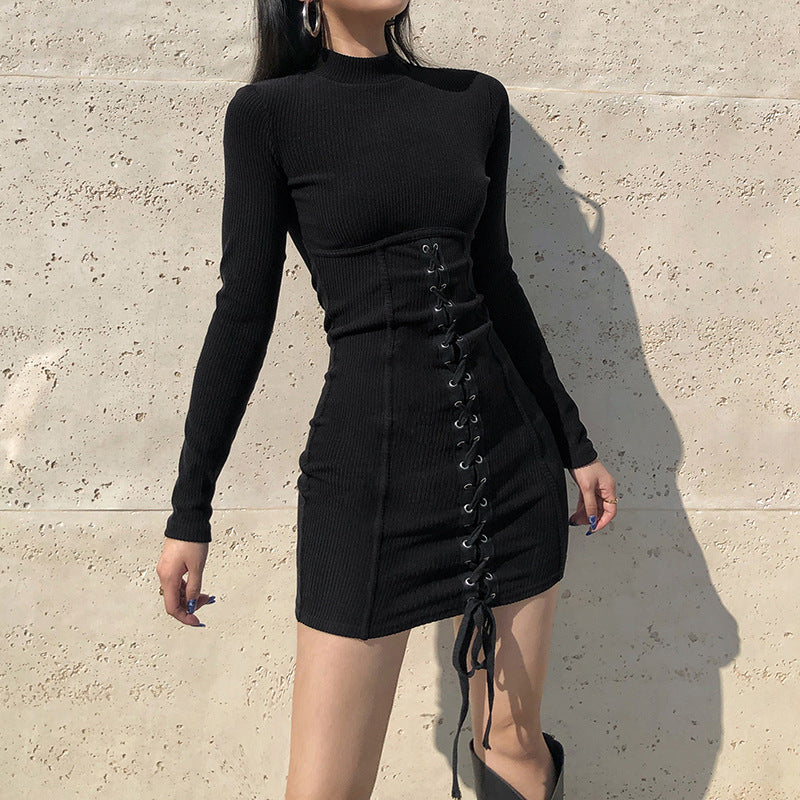 Half High Neck Patchwork Cross Tie Up Dress