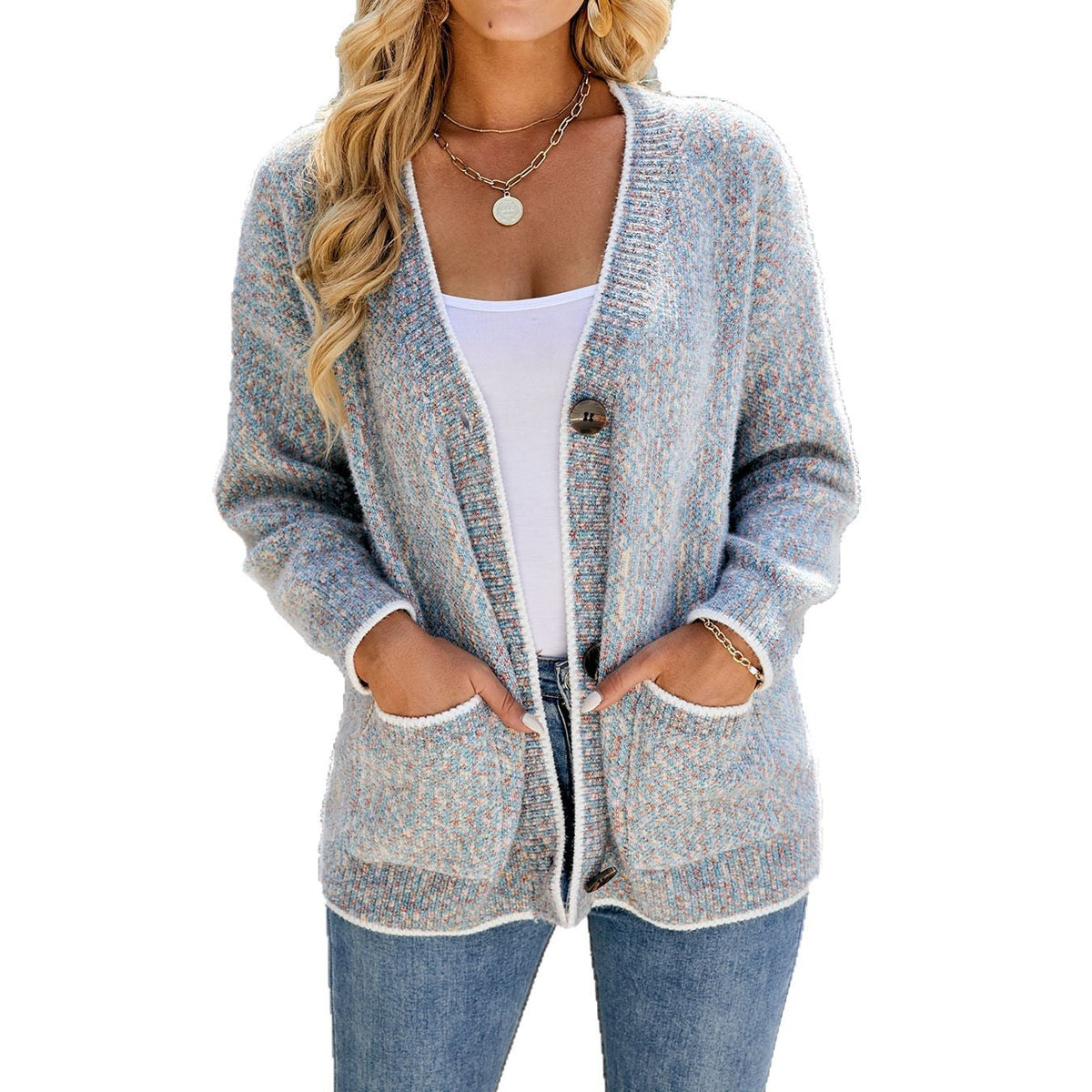 Wool Rain Contrast Color Button Sweater Women