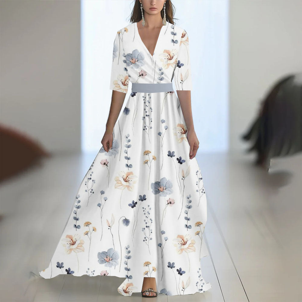 Printed Long Sleeved V-neck Patchwork Dress