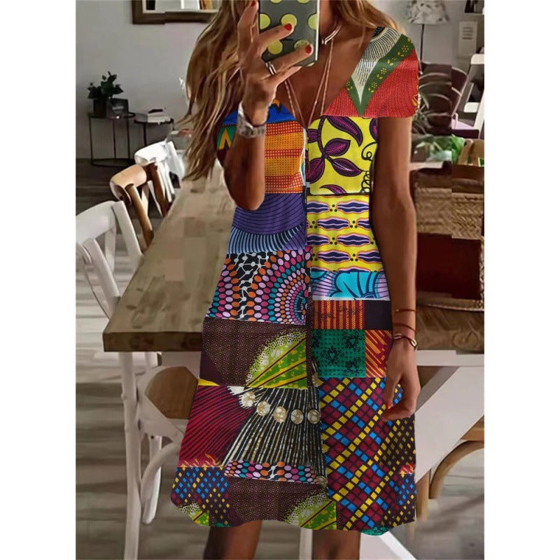 Summer V-neck Short Sleeve Women Dress
