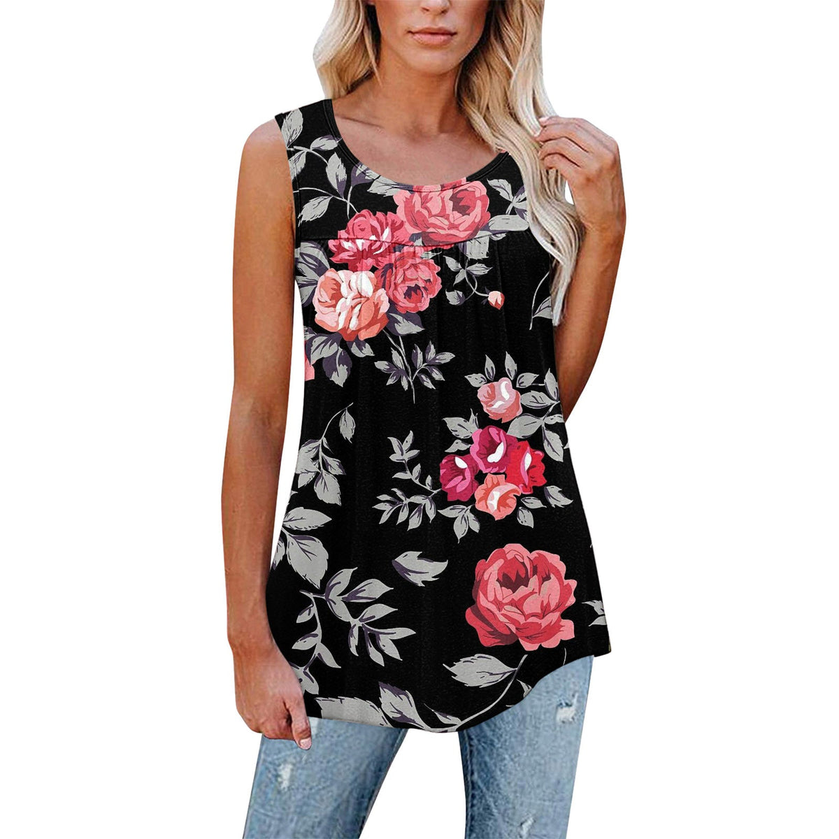 Flower Print Sleeveless Pleated Casual Loose Vest T-shirt Women's Clothing