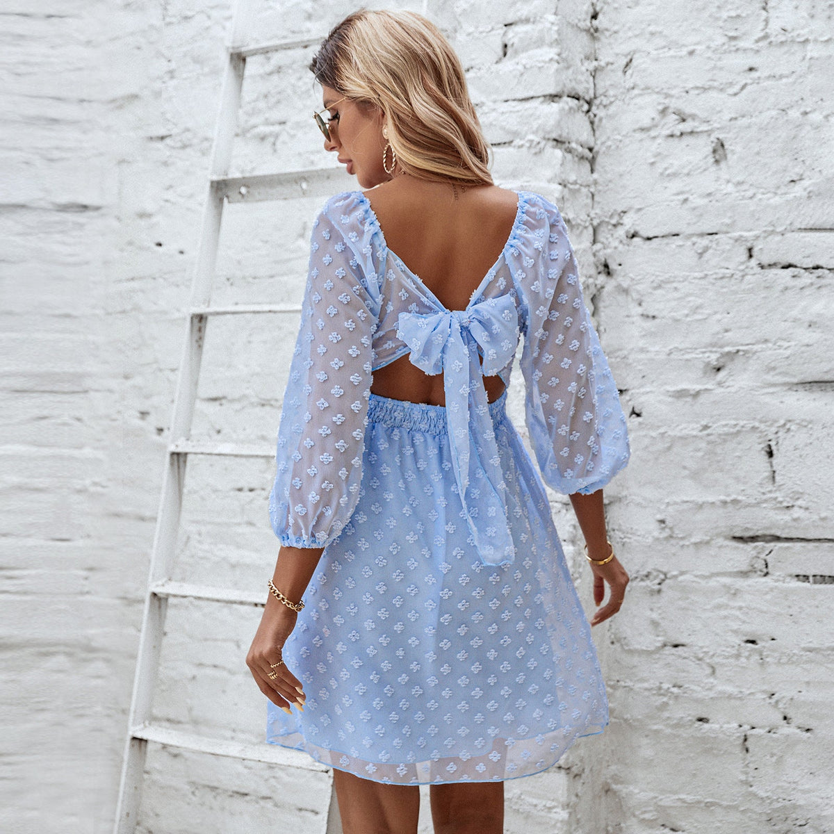 Women's Fashion Square Neck Backless Jacquard Dress