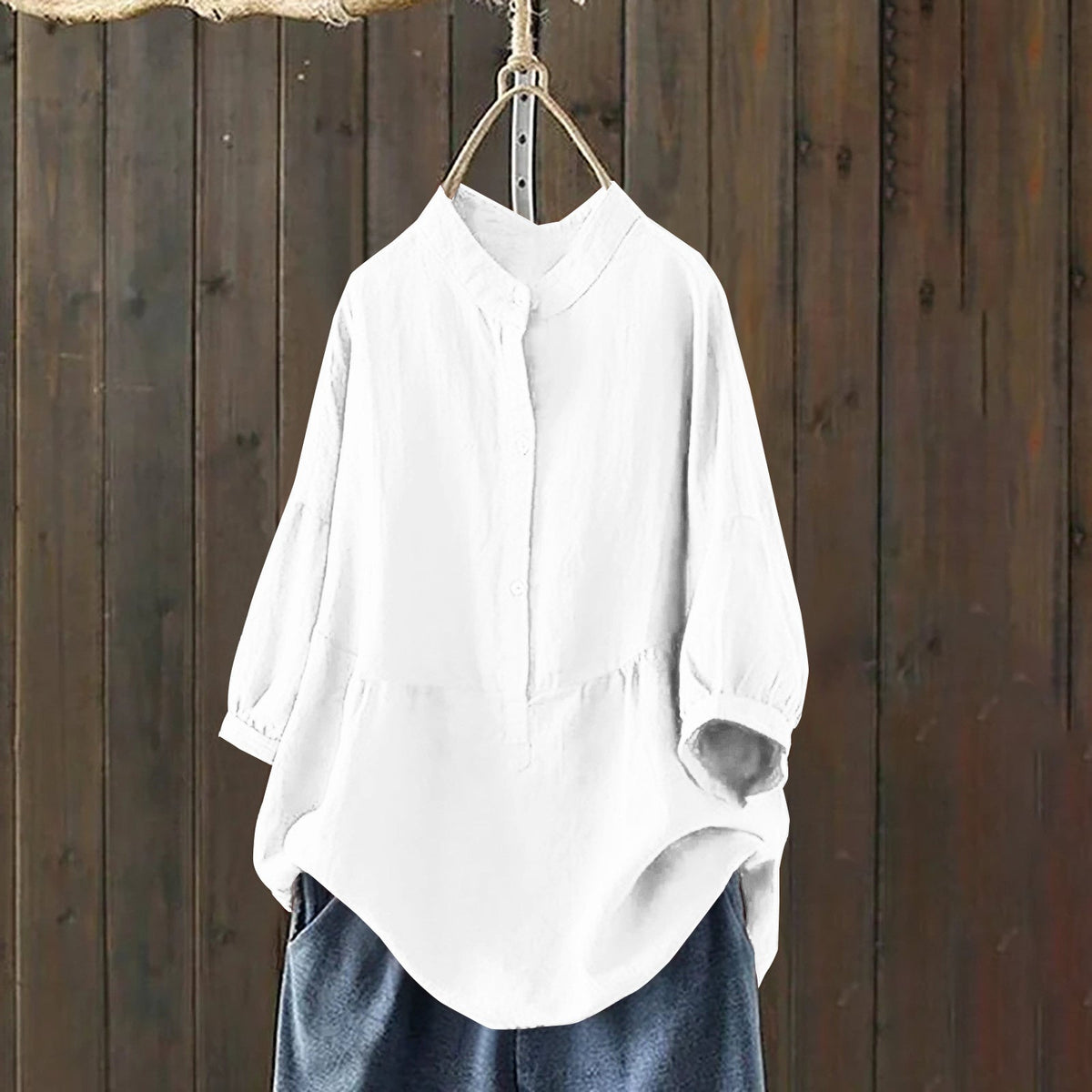 Mandarin-collar Single-breasted Traditional-style Solid-color Long-sleeve Pullover Shirt