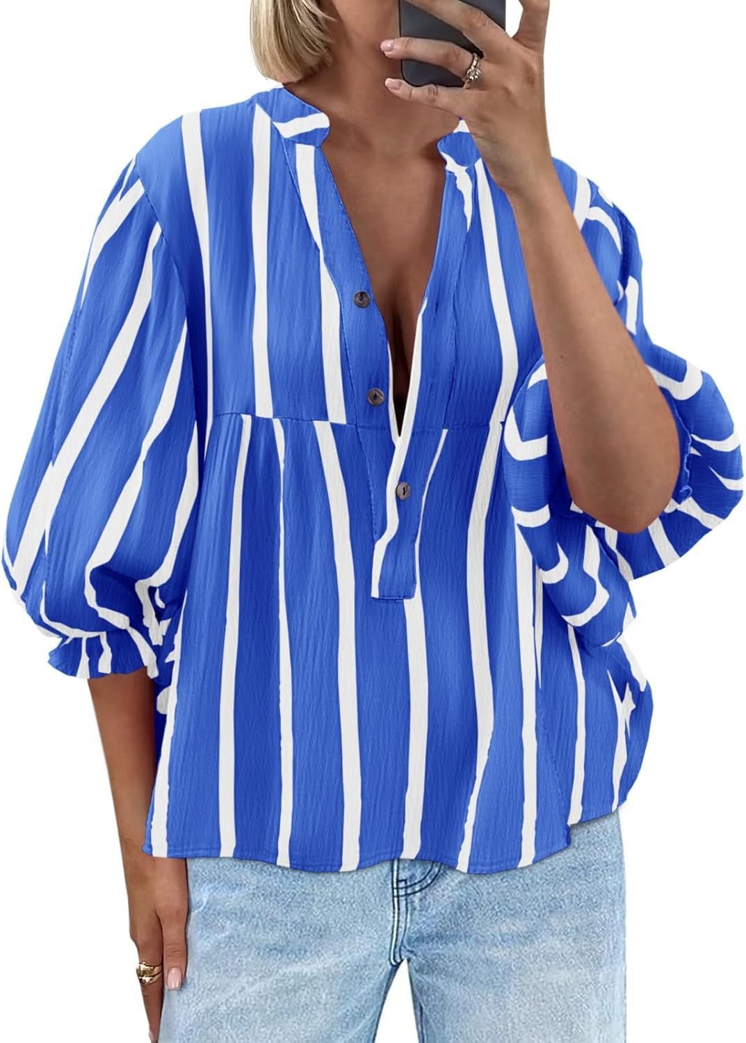 Women's Striped Puff Sleeve Top | Loose Fit Long Sleeve Pullover