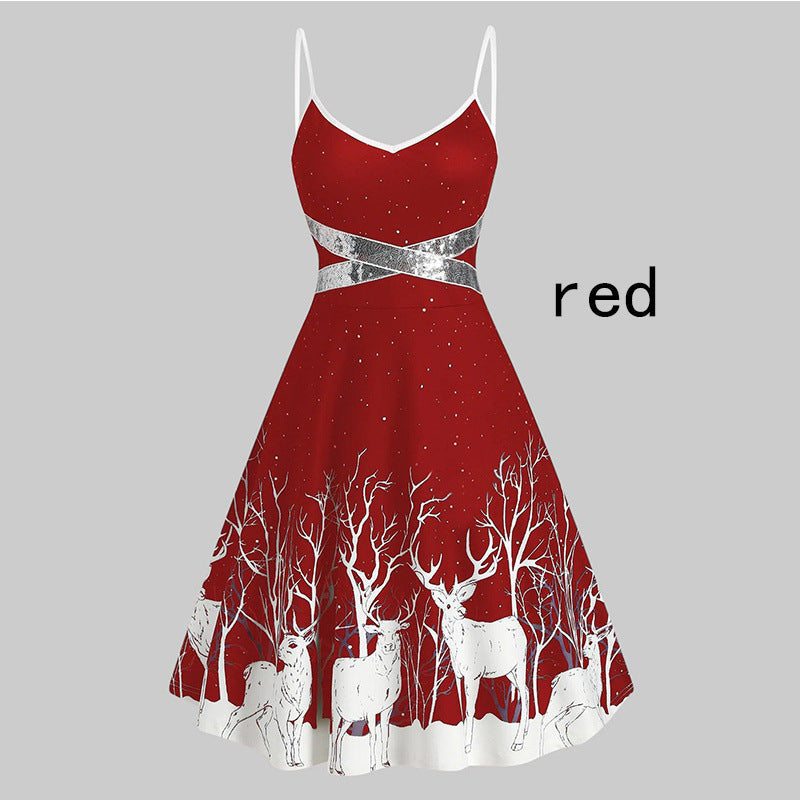 Christmas Women's Fur Patchwork V-neck Long Sleeved Dress