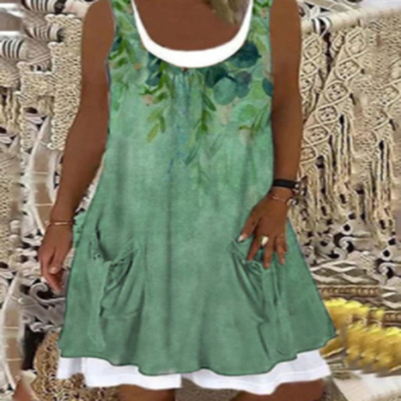 Women's Printed Patchwork Round Neck Sleeveless Pleating Dress